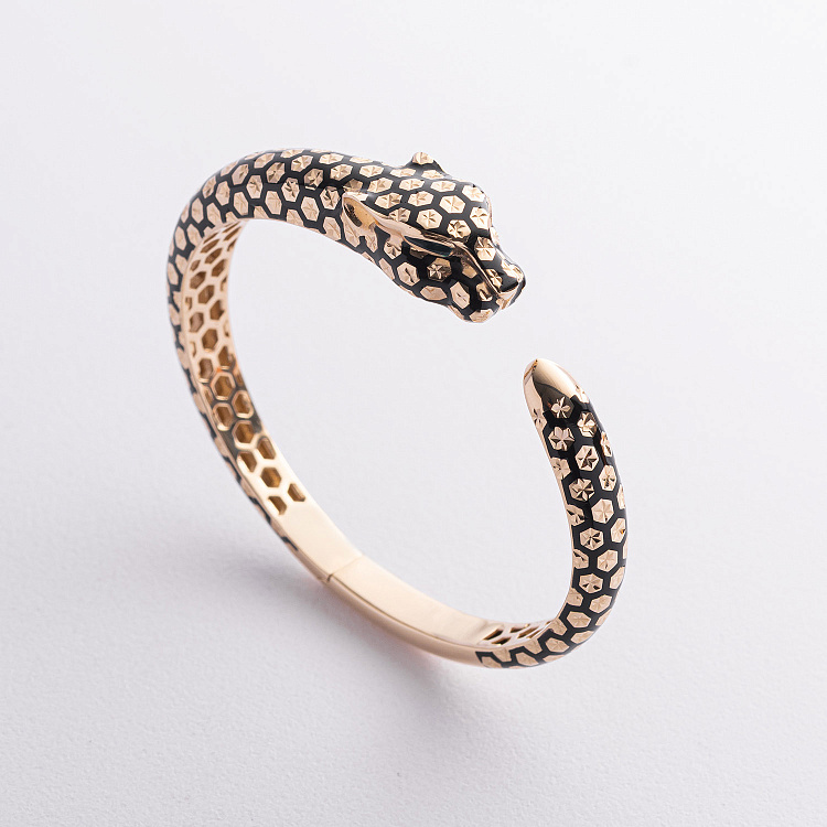 Жорсткий золотий браслет "Пантера" (емаль, фіаніти) б04928 від ювелірного магазину Онікс