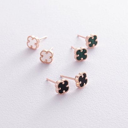 Сережки - пусети "Конюшина" з малахітом mini (червоне золото) с08404 №7