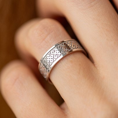 Обручальное кольцо "Вышиванка" в белом золоте 240511100 №2