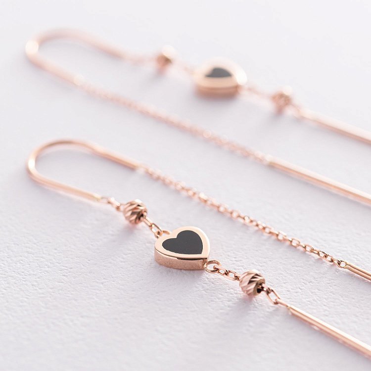 Золотые серьги - протяжки "Сердечки" (эмаль) с07351 от ювелирного магазина Оникс - 4