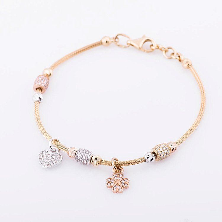Золотой браслет "Сердце и клевер" с фианитами б02369 от ювелирного магазина Оникс