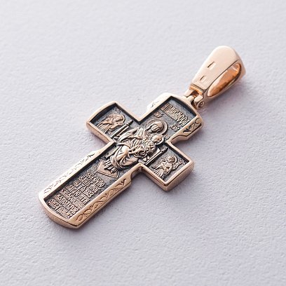 Золотой православный крестик "Распятие Христово. Деисус. Икона Божией Матери «Всецарица». Вмч. Пантелеимон" п02408 №2