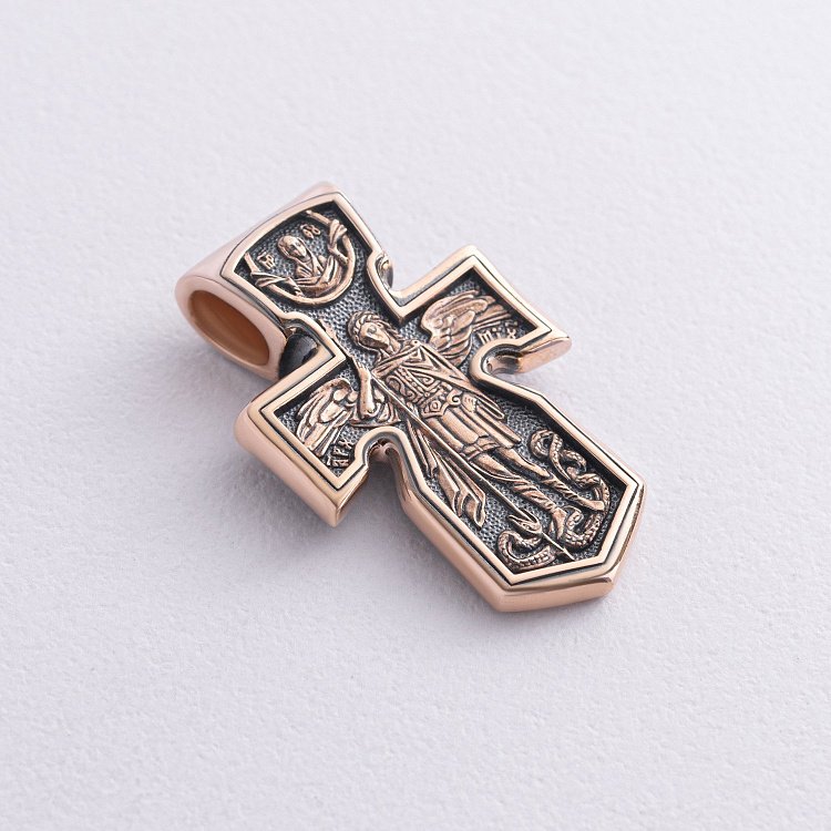 Золотий хрестик "Розп'яття. Архангел Михаїл. Божа Матір" Знамення "з чорнінням п02534 від ювелірного магазину Онікс - 2