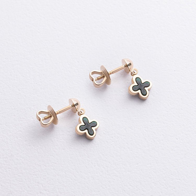 Золотые серьги - пусеты "Клевер" (малахит) с09273 от ювелирного магазина Оникс - 1