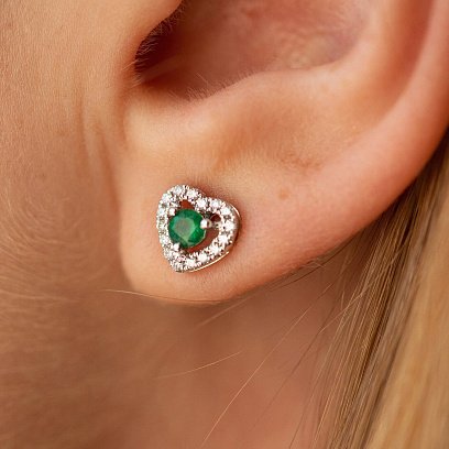 Золотые серьги - пусеты "Сердечки" с изумрудами и бриллиантами сб0507ca №6