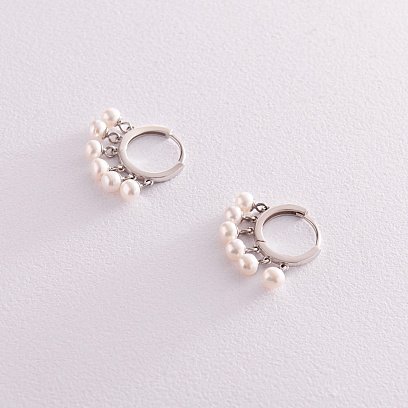 Серебряные серьги - кольца с жемчужинами 123276