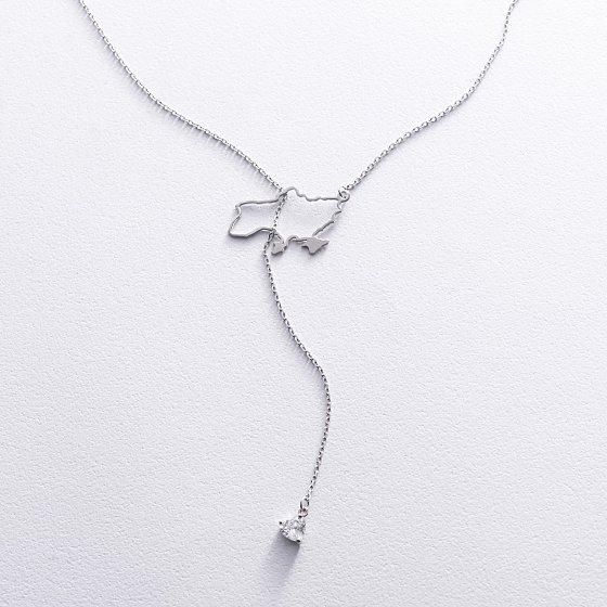 Серебряное колье - галстук "Карта Украины" (куб. цирконий Swarovski в форме сердца) 4050с
