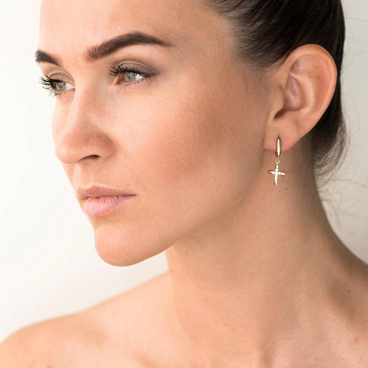 Золотые серьги "Крестики" с фианитами с05625 от ювелирного магазина Оникс - 4