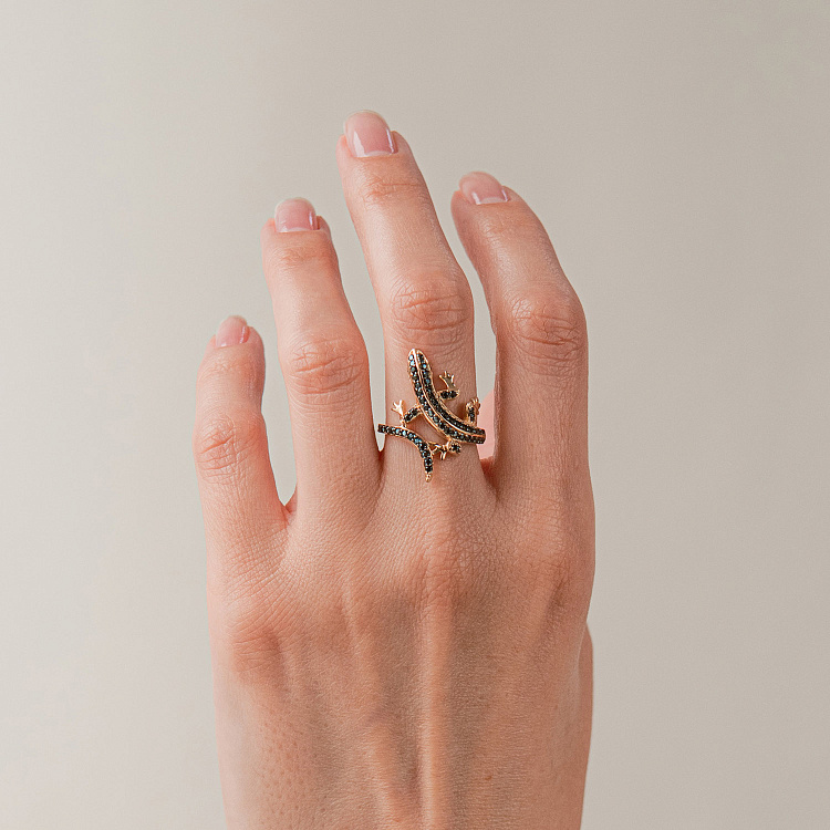 Каблучка "Ящірка" у жовтому золоті (фіаніти) к08309 від ювелірного магазину Онікс - 3