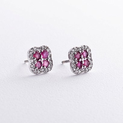 Серебряные серьги - пусеты "Клевер" (фианиты, рубины) GS-02-135-4410 №3