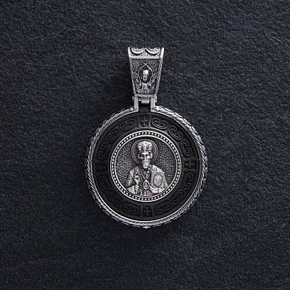 Срібний кулон "Миколай Чудотворець. Молитва" (ебенове дерево) 964 №3
