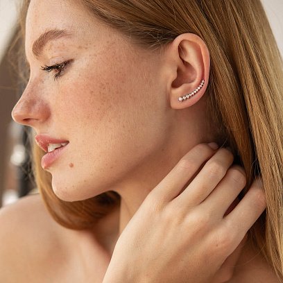 Серьги - клаймберы с фианитами (белое золото) с03686 №5