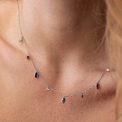 Серебряное колье с разноцветными фианитами 181301 №2
