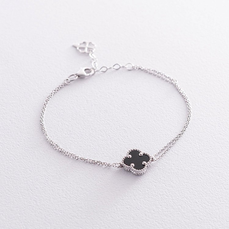 Подвійний браслет "Конюшина" в білому золоті (онікс) б04709 від ювелірного магазину Онікс - 1