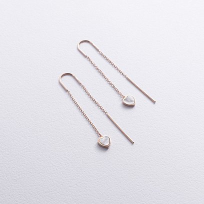 Золотые серьги - протяжки "Сердечки" с перламутром с08574