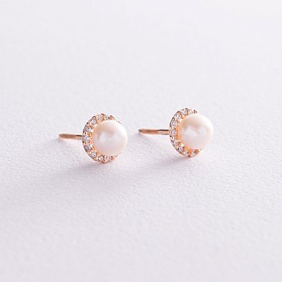 Золоті сережки - пусети з перлами і фіанітами с08167