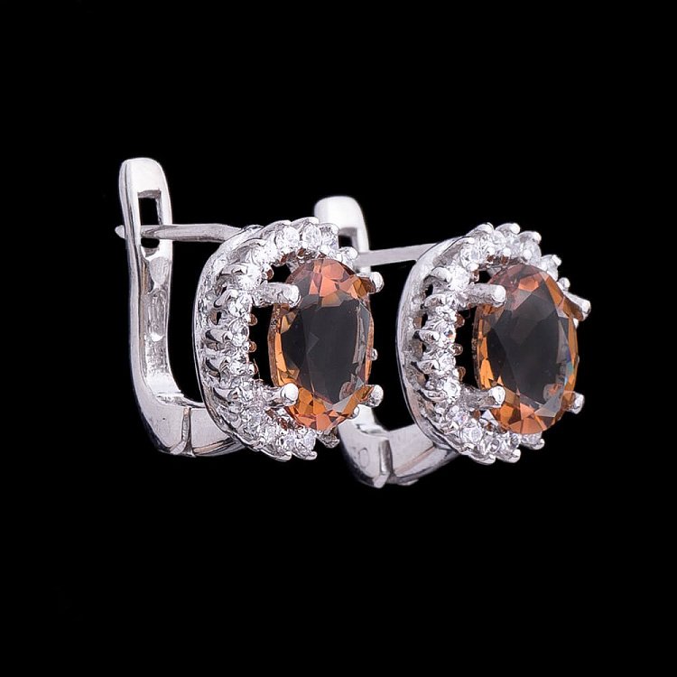 Родированные серебряные серьги с фианитами и кварцем 121602 от ювелирного магазина Оникс - 2