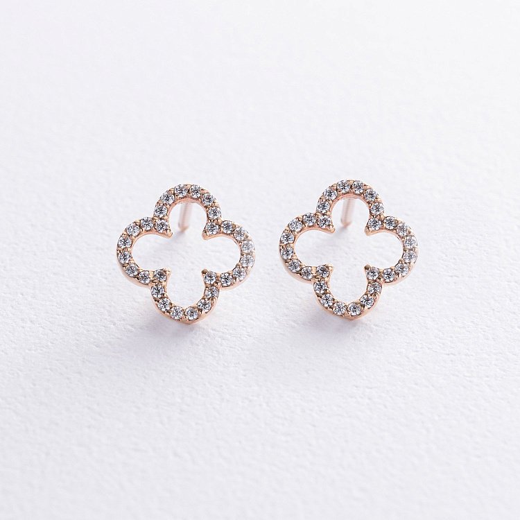 Серьги - пусеты "Клевер" с фианитами (желтое золото) с08436 от ювелирного магазина Оникс - 2