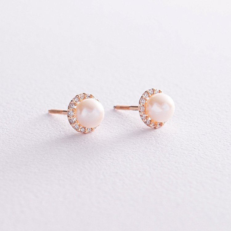 Золоті сережки - пусети з перлами і фіанітами с08167 від ювелірного магазину Онікс