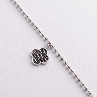 Срібний браслет "Конюшина" на ногу (чорні фіаніти) 141804 №2