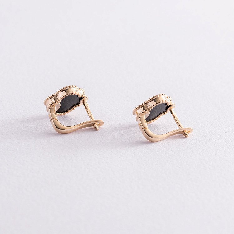 Золотые серьги "Клевер" с ониксом с06169 от ювелирного магазина Оникс - 2