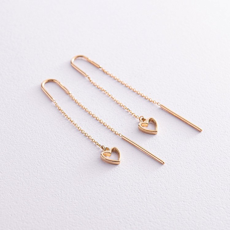 Серьги - протяжки "Сердечки" в желтом золоте с07944 от ювелирного магазина Оникс