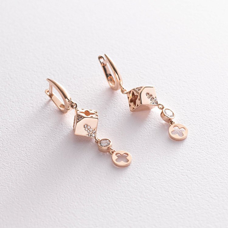 Золоті сережки "Квіточки-серце-конюшина" з фіанітами с04857 від ювелірного магазину Онікс