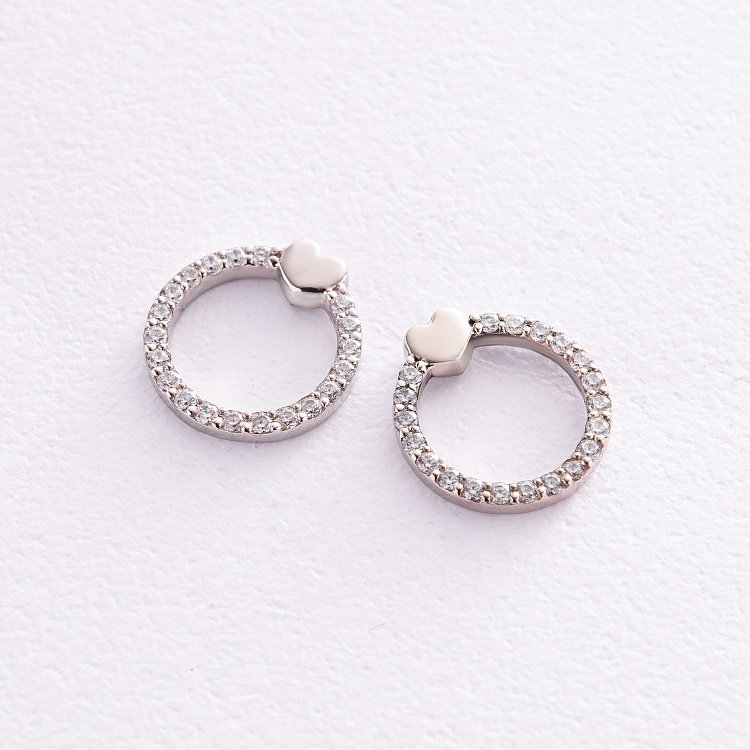 Серьги - пусеты "Сердечки" с фианитами (белое золото) с08475 от ювелирного магазина Оникс