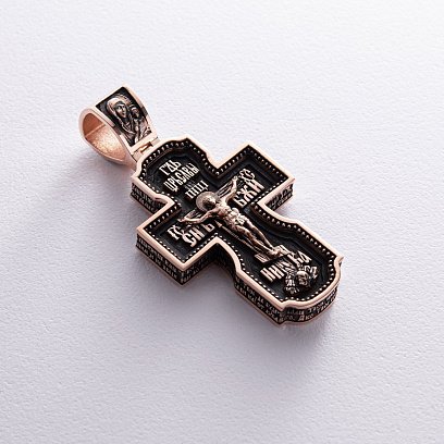 Золотий хрест "Господь. Архангели Михаїл та Гавриїл. Ангел Хранитель. Святитель Миколай. Сергій Радонезький" з ебеновим деревом 980з №6