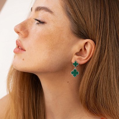 Серебряные серьги "Клевера" (синт. малахит) 123378 №2