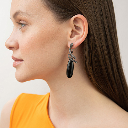 Золоті сережки "Змії" (онікс, діамант) сб0249sth