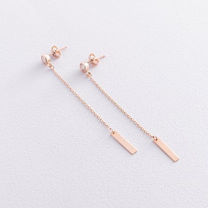 Золоті сережки - пусети на ланцюжку (фіаніти) с07249