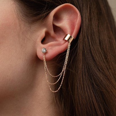 Серьга - каффа "Тринити" в красном золоте с цепочками (фианит) с08019