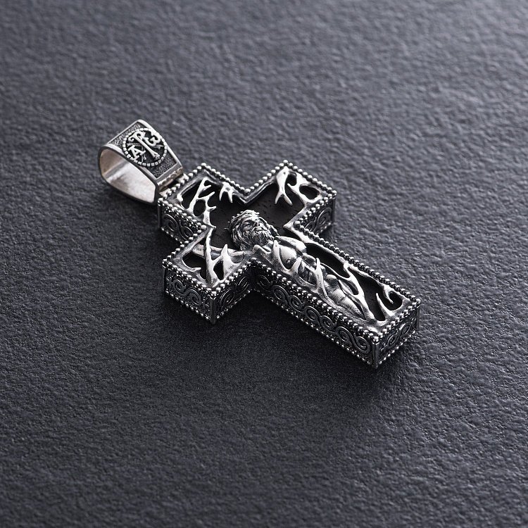 Мужской православный крест "Распятие" из эбенового дерева и серебра 970 от ювелирного магазина Оникс - 2