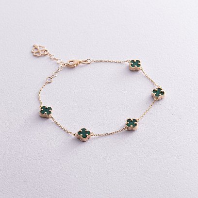 Браслет "Конюшина" з малахітом mini (жовте золото) б05251