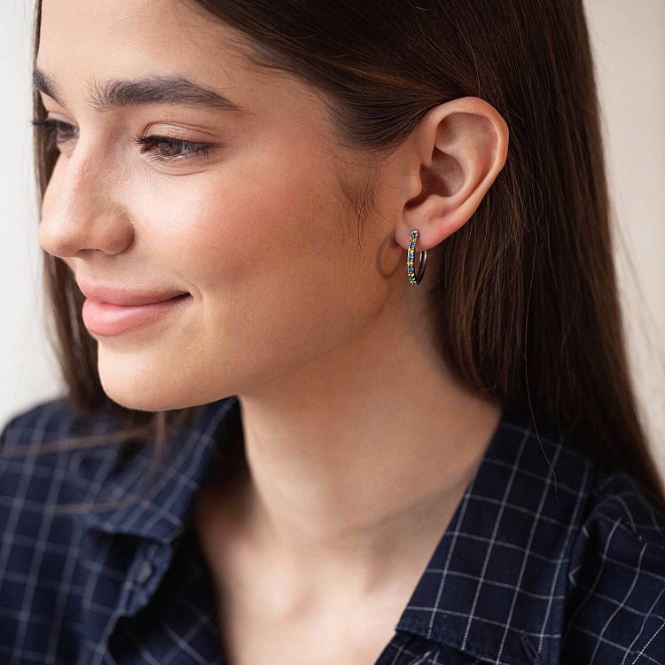 Серебряные серьги - кольца (голубые и желтые камни) 698 от ювелирного магазина Оникс - 2