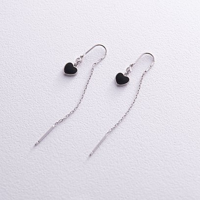 Серебряные серьги - протяжки "Сердечки" (эмаль, фианиты) 123287 №4