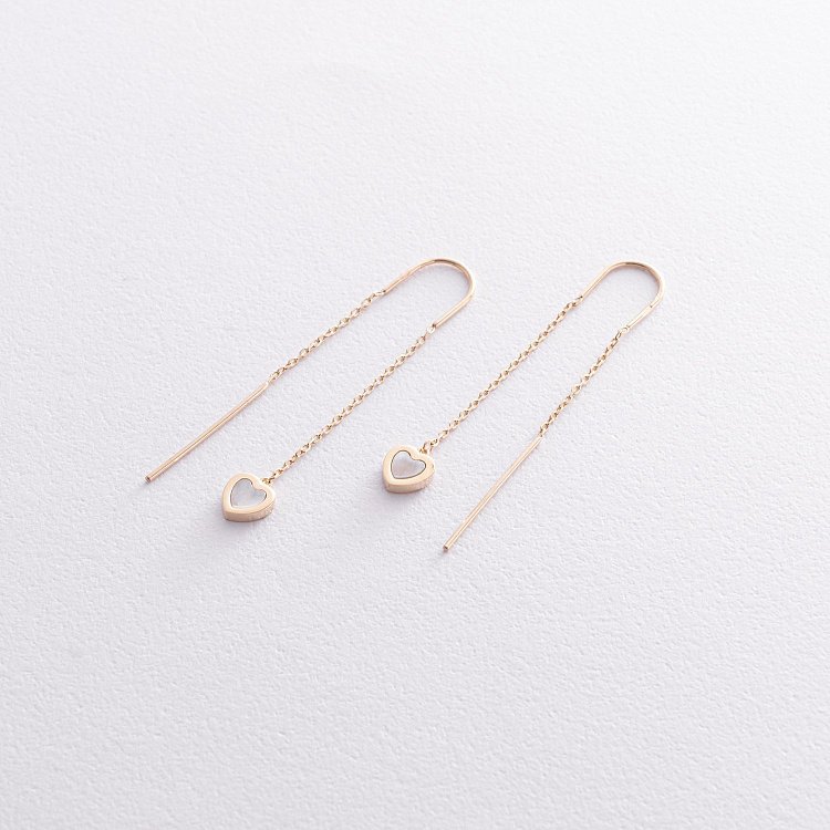 Сережки - протяжки "Сердечки" з перламутром (жовте золото) с08575 від ювелірного магазину Онікс