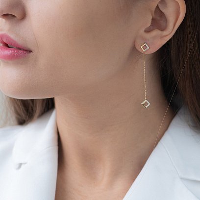 Золоті сережки "Ромб" на ланцюжку (фіаніти) с07233 №2