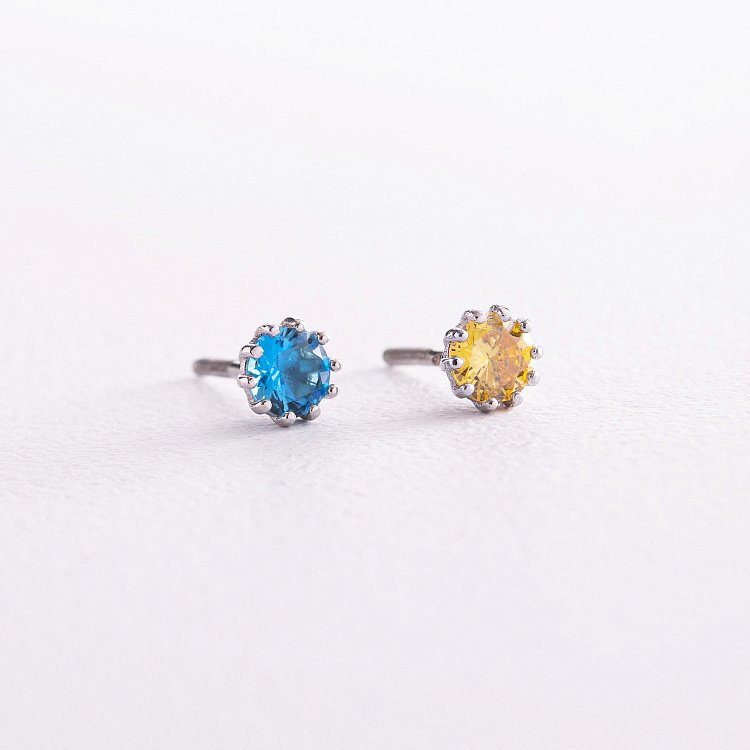 Серебряные серьги - пусеты (голубые и желтые камни) 308 от ювелирного магазина Оникс - 2
