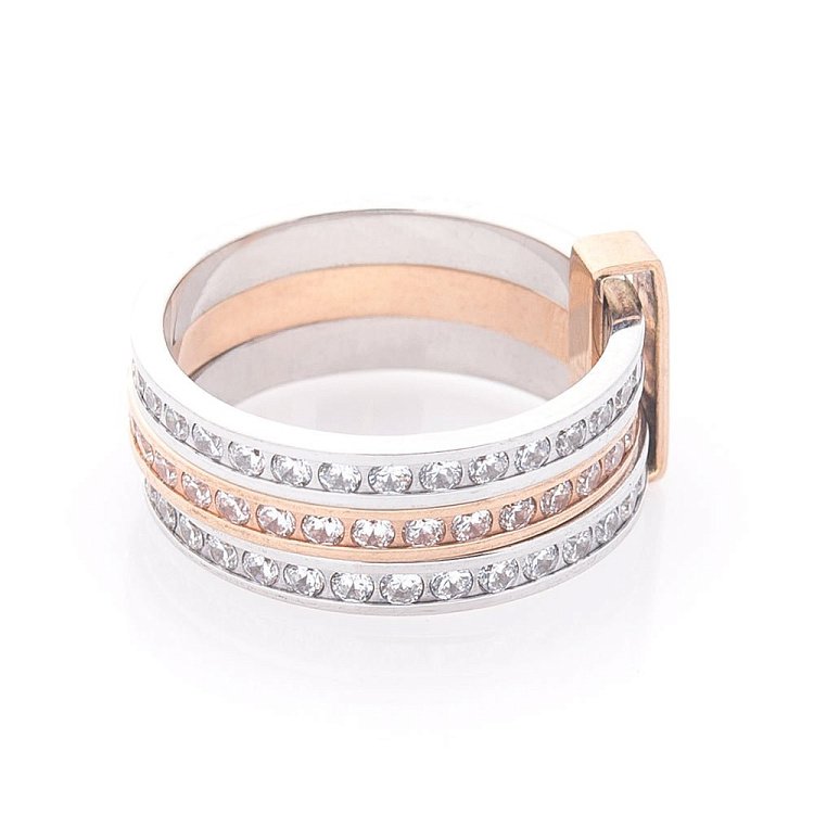 Золотое тройное кольцо с фианитами к02640 от ювелирного магазина Оникс - 2