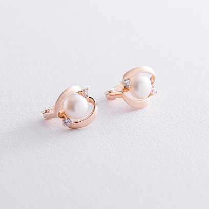 Золоті сережки з культ. прісн. перлами і фіанітами с05238