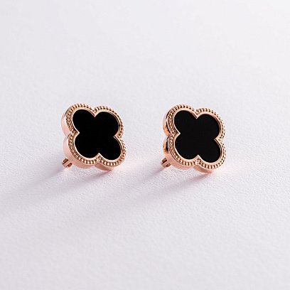 Золоті сережки "Конюшина" з оніксом с07538