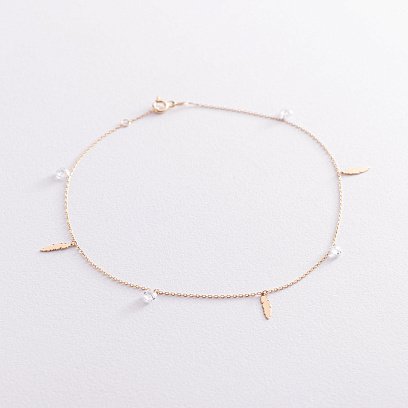 Золотой браслет "Перышки" на ногу (фианиты) б04797