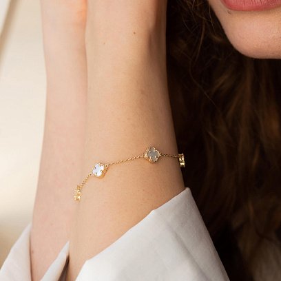 Браслет "Клевер" с перламутром mini (желтое золото) б05243 №4