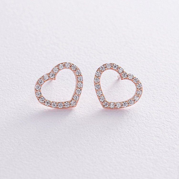 Золотые серьги - пусеты "Сердечки" с фианитами с08438 от ювелирного магазина Оникс - 1