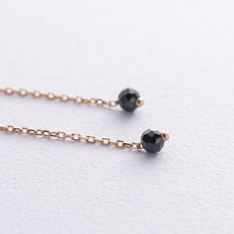 Золотые серьги - протяжки (черные фианиты) с08814 от ювелирного магазина Оникс - 2