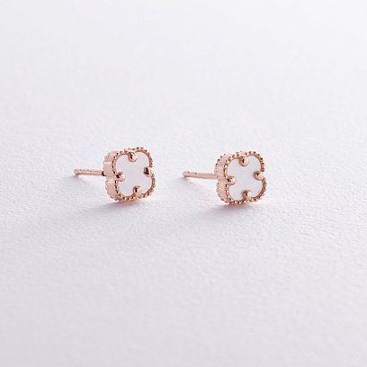 Cерьги - пусеты "Клевер" с перламутром mini (красное золото) с08403