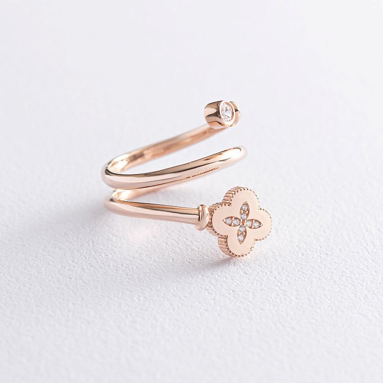 Каблучка "Конюшина" з фіанітами в червоному золоті к06665 від ювелірного магазину Онікс