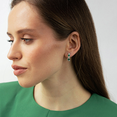 Сережки - кільця "Конюшина" в білому золоті (діаманти, смарагди) сб0703ca №5